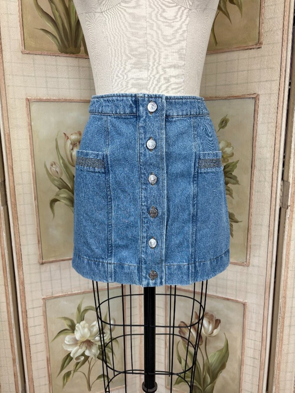 Sezane Blue Denim Button-Front Mini Skirt